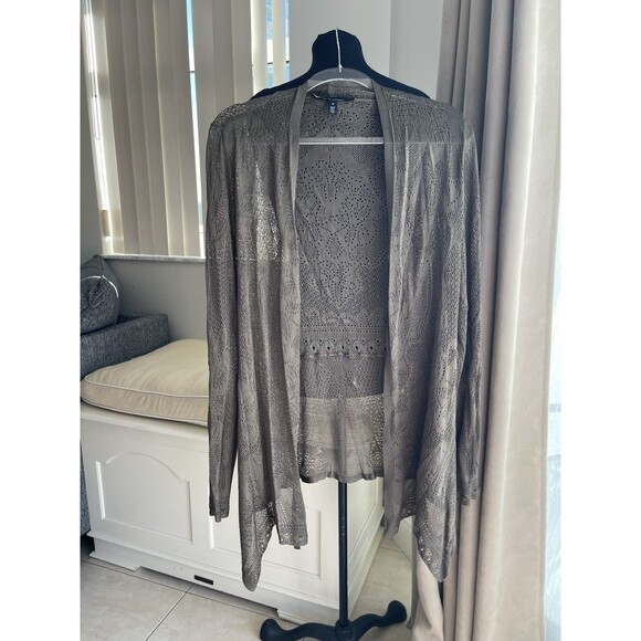 White House Black Market Lacy Open Knit Green Open Front Cardigan Sweater M - Picture 1 of 8